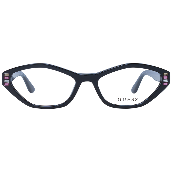 Glossy black cat-eye eyeglasses for Women with pink and clear rectangular corner embellishments, front three-quarter view