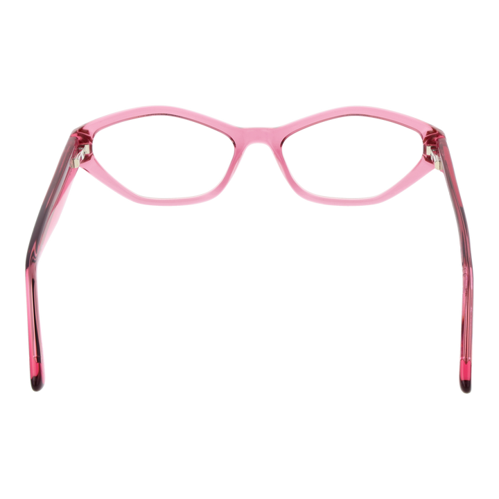 Transparent pink cat-eye eyeglasses in plastic with decorative side accents on neutral background