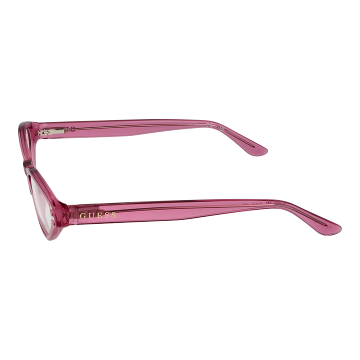 Transparent pink cat-eye eyeglasses in plastic with decorative side accents on neutral background