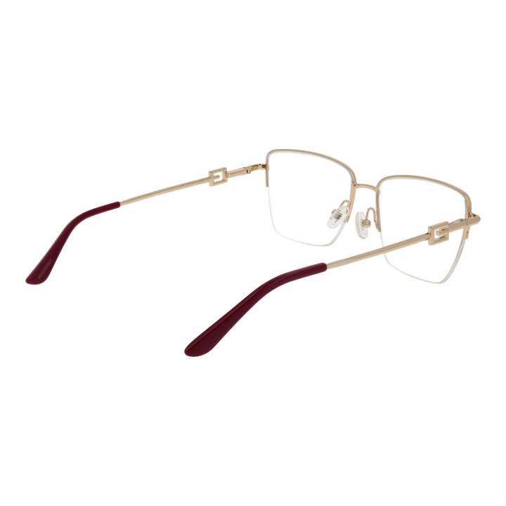 Gold semi-rimless eyeglasses for Women with burgundy temple accents and rectangular lenses, metal frame