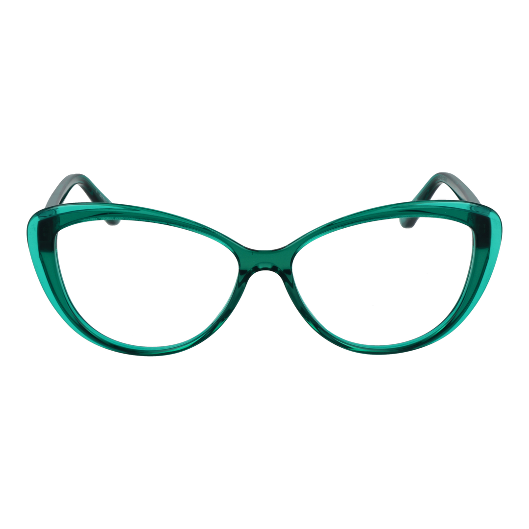Transparent green plastic cat-eye eyeglasses with metallic logo on temples, retro shape for Women, lightweight frame