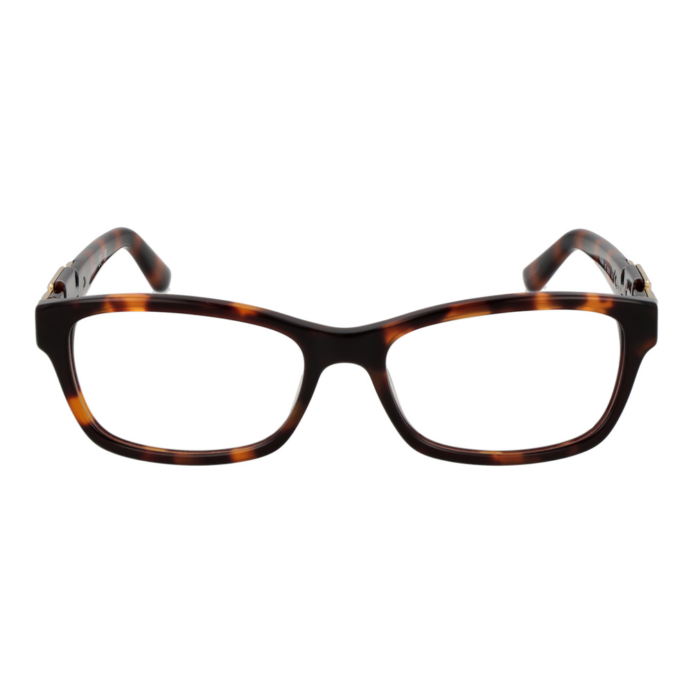 Tortoise shell rectangular eyeglasses for Women with gold temple detail on neutral background