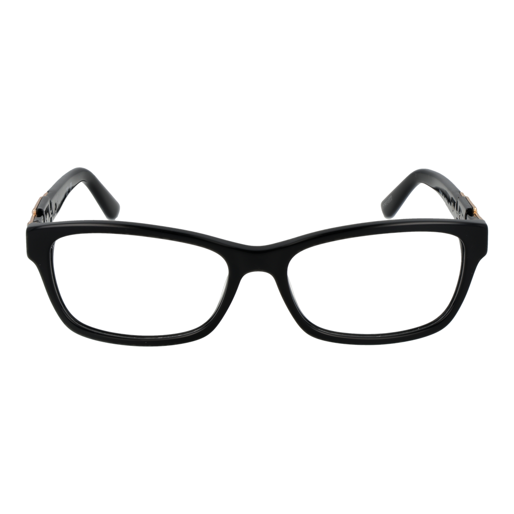 Black plastic rectangular eyeglasses for Women with gold decorative hinge detail, modern full-rim profile