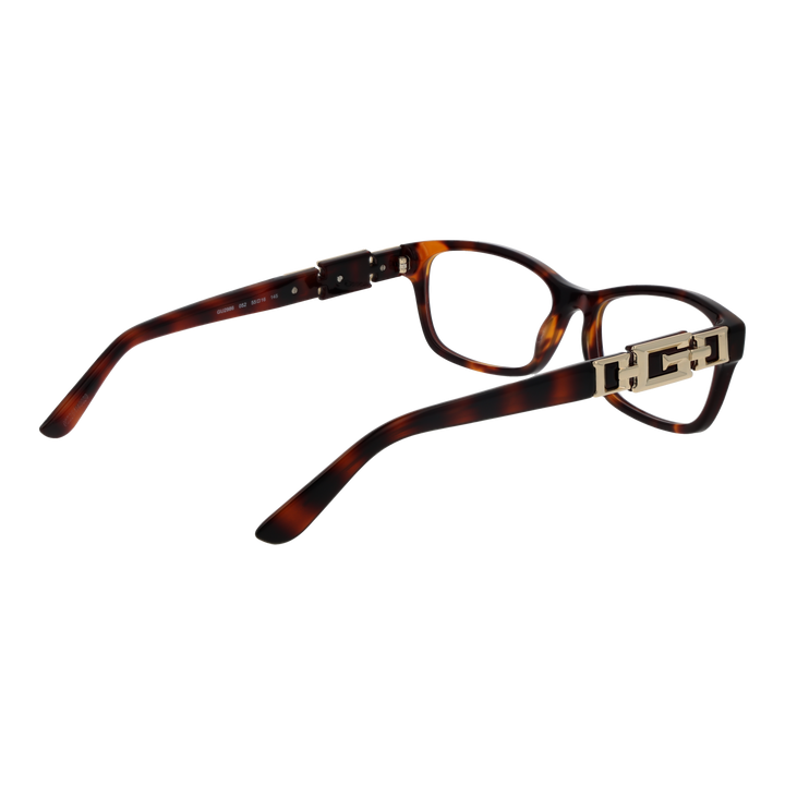 Tortoise brown rectangular full-rim eyeglasses in plastic with gold hinge detail, front three-quarter view