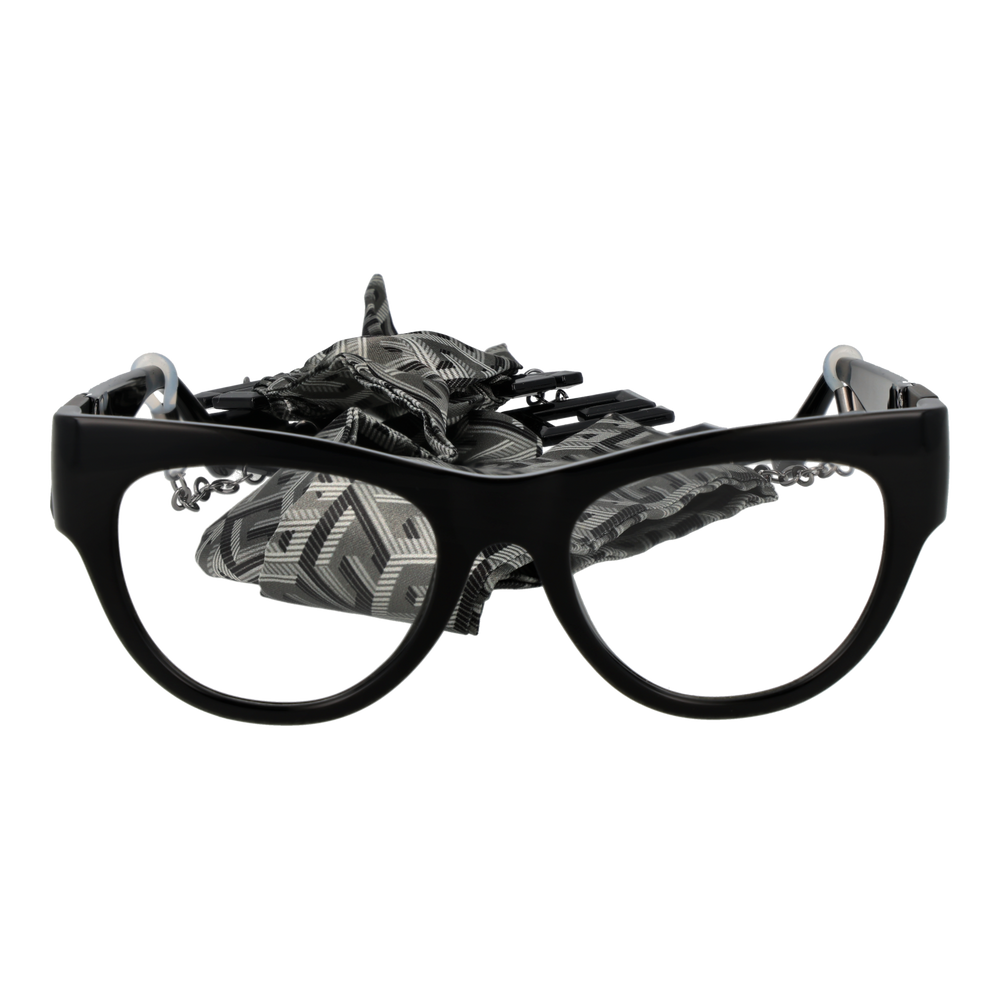 Black cat-eye eyeglasses with clear lenses, decorative 'G' temples and attached patterned fabric strap