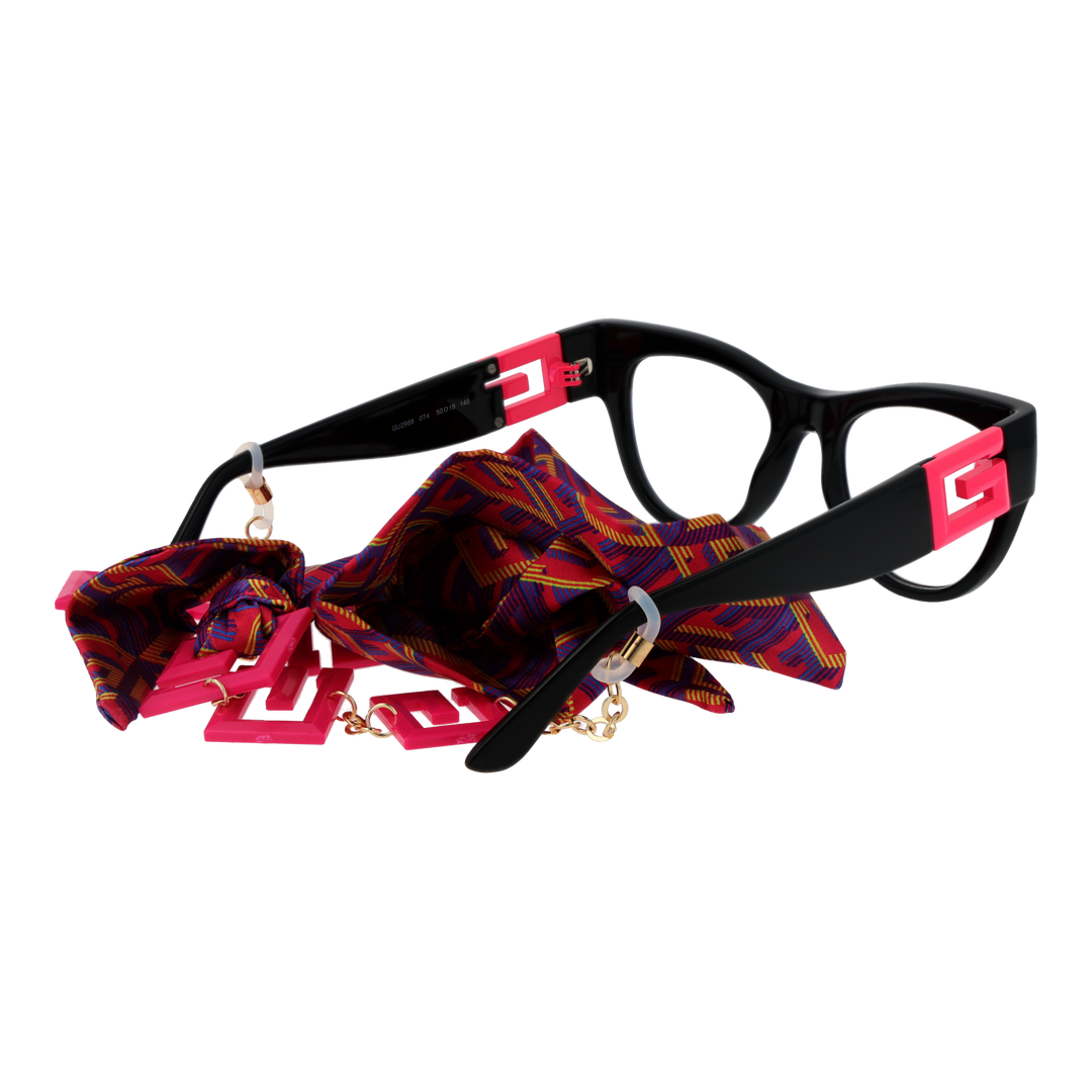 Black cat-eye eyeglasses with patterned fabric scarf and metal chain featuring pink letter charms