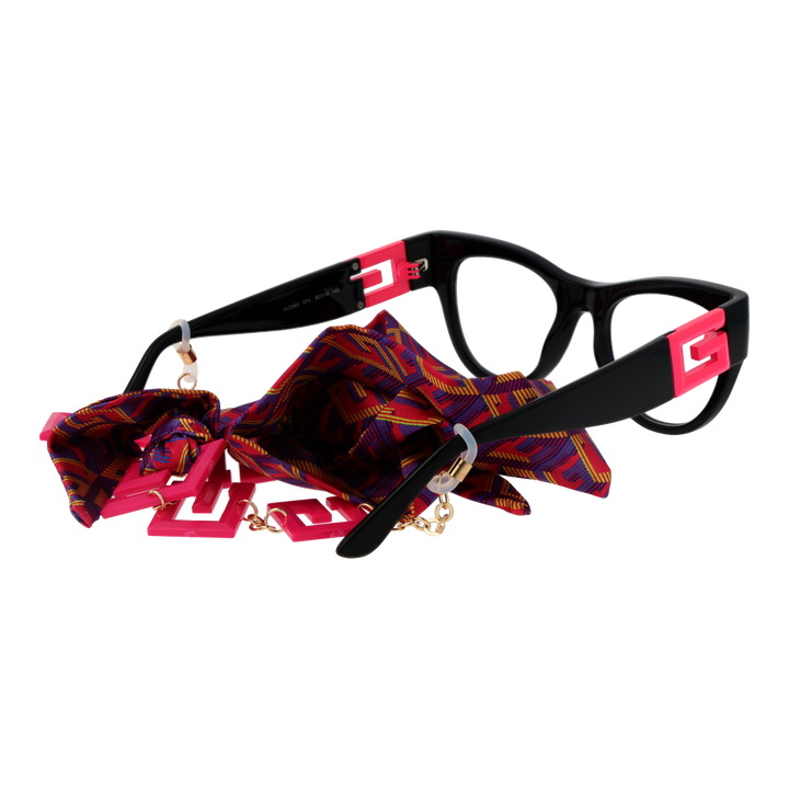 Black cat-eye eyeglasses with patterned fabric scarf and metal chain featuring pink letter charms