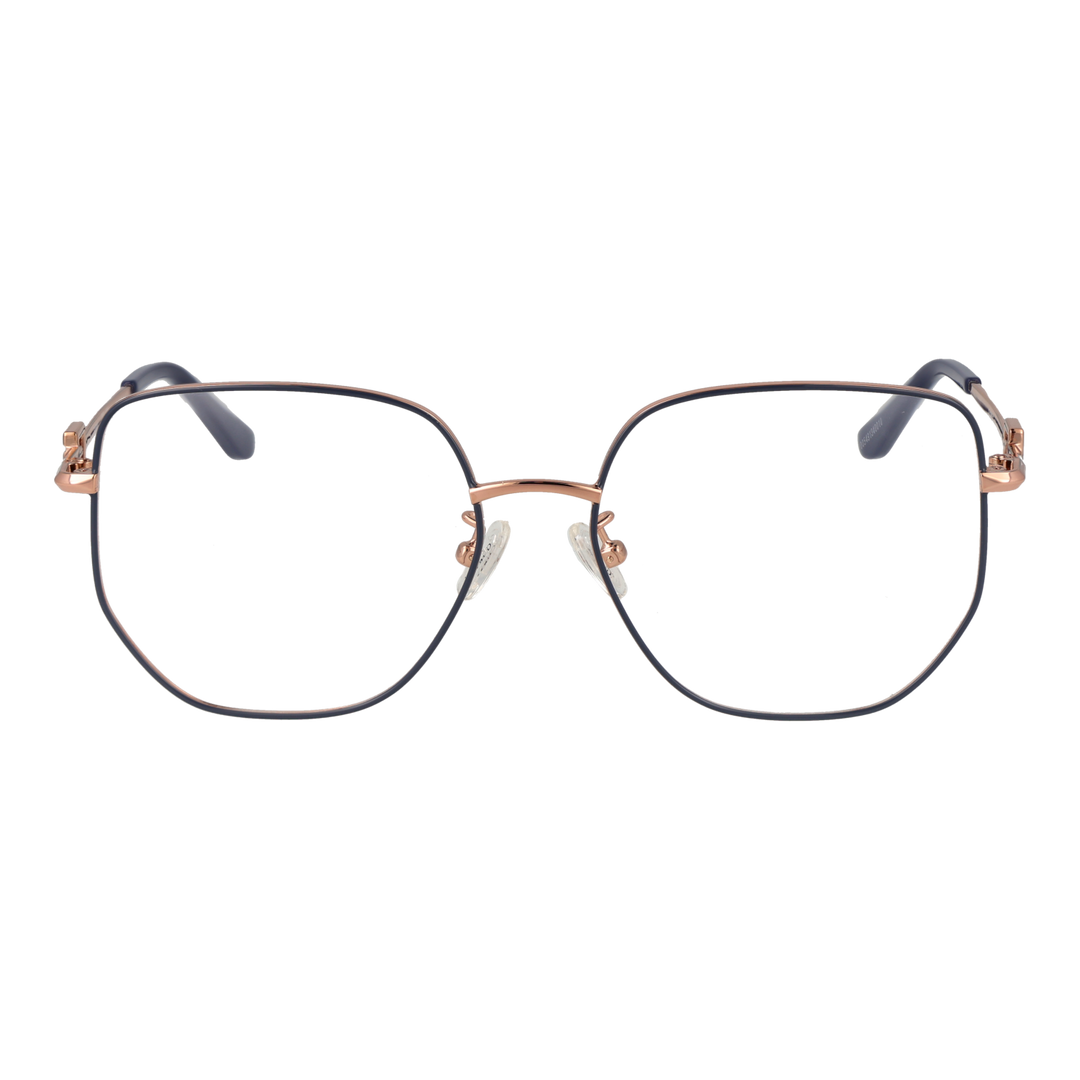 Rose gold geometric metal eyeglasses for Women with thin temples, black tips, and square temple detail