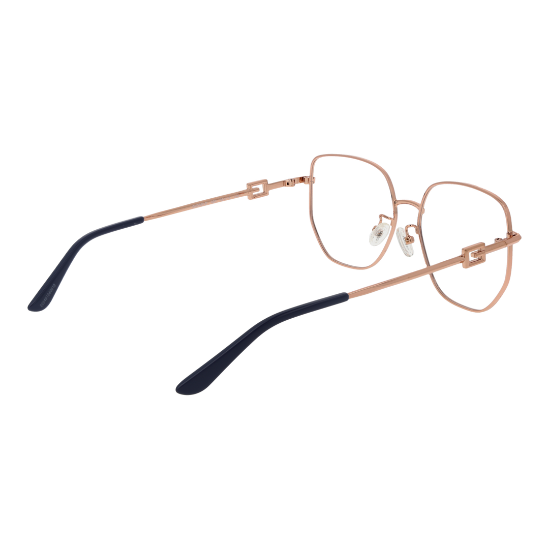 Rose gold geometric metal eyeglasses for Women with thin temples, black tips, and square temple detail