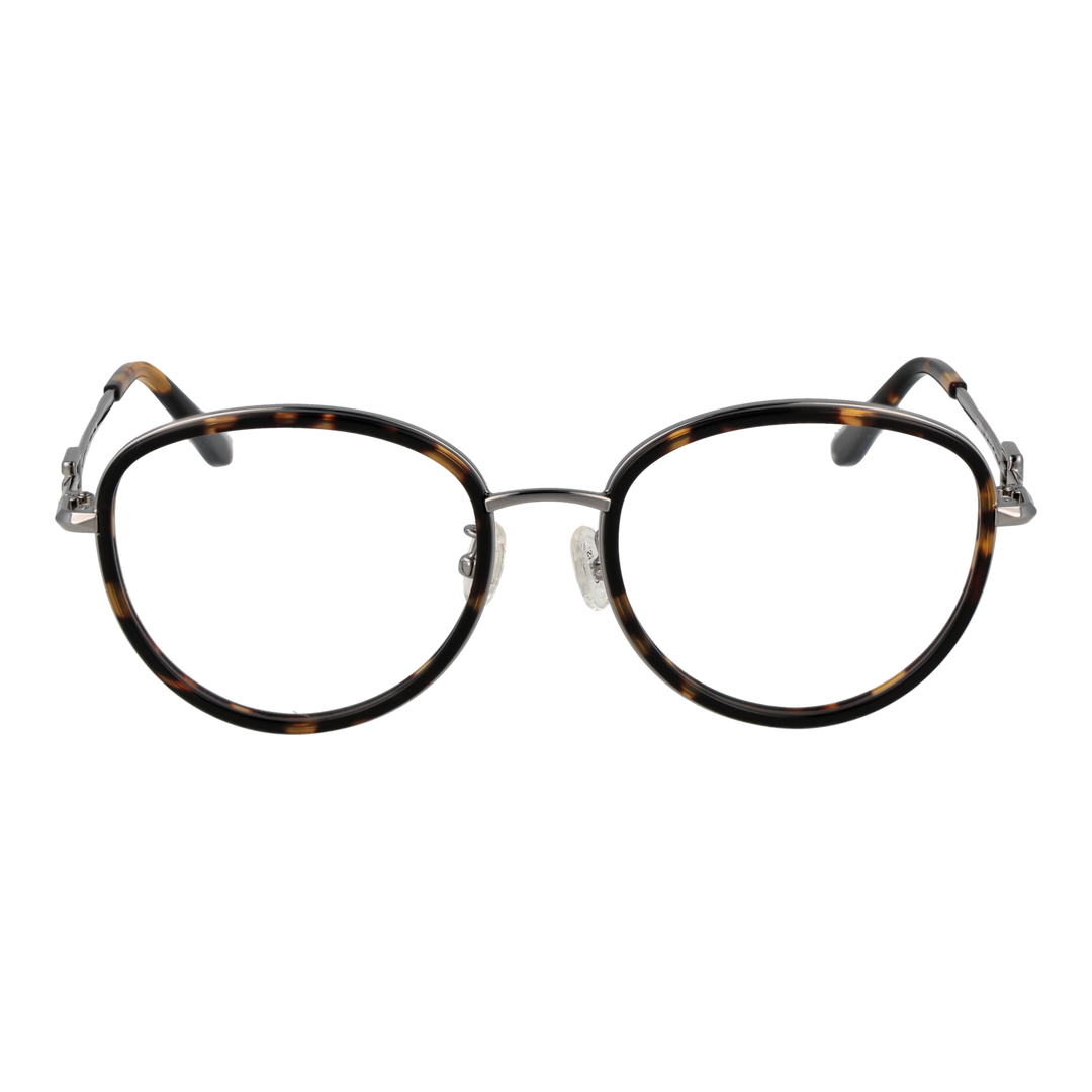 Unisex tortoise-shell round eyeglasses with silver metal temples and decorative temple logo, front three-quarter view