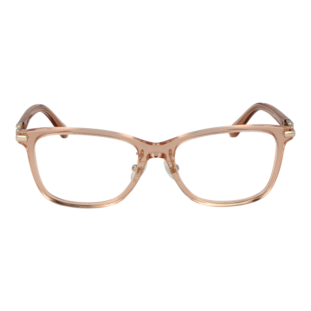Light brown transparent rectangular eyeglasses in plastic and metal with adjustable nose pads on neutral background