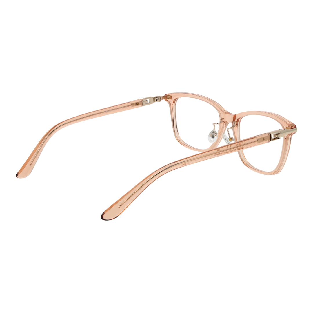 Light brown transparent rectangular eyeglasses in plastic and metal with adjustable nose pads on neutral background