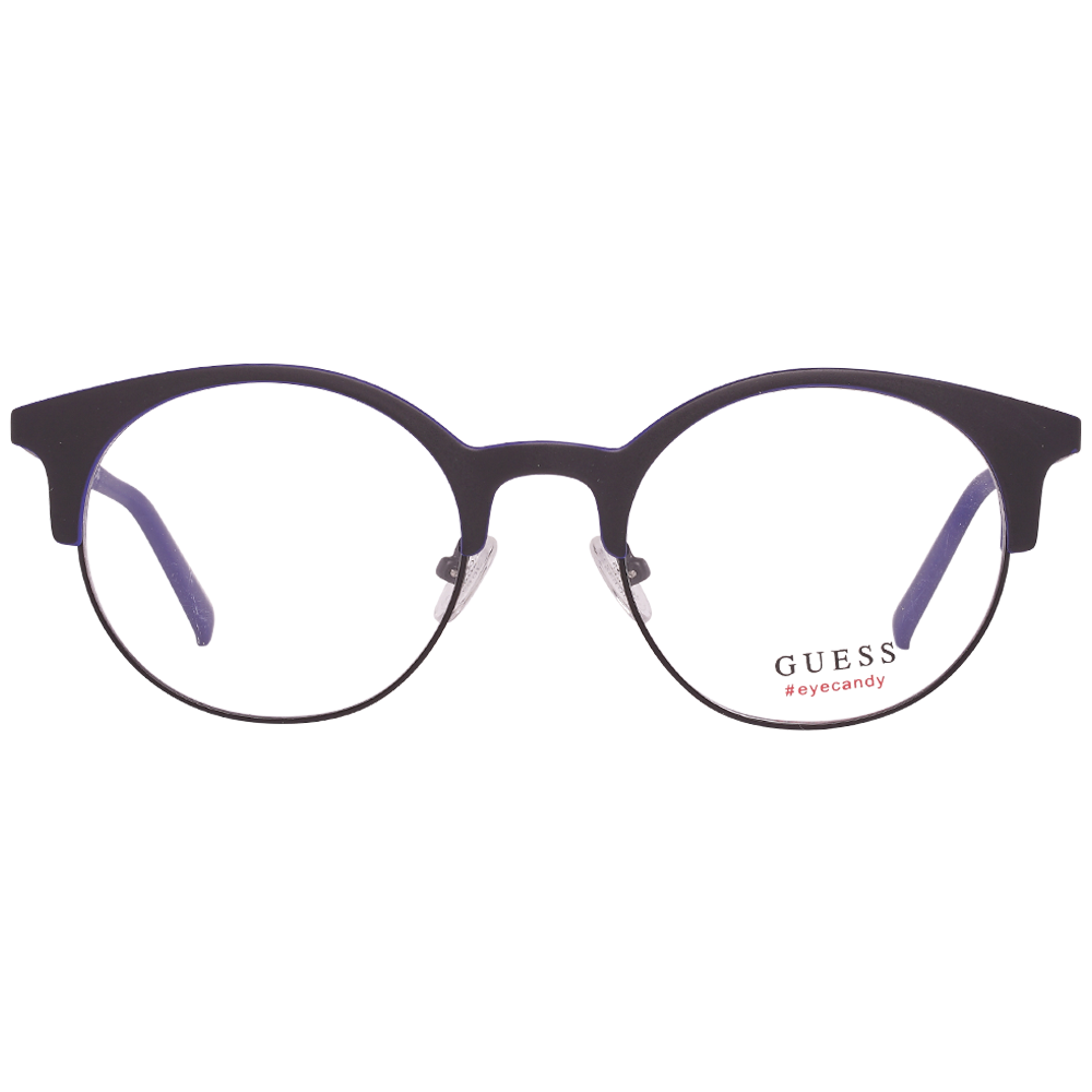 Unisex black and blue metal round eyeglasses with thin frame, adjustable nose pads and logo on temple, front three-quarter view