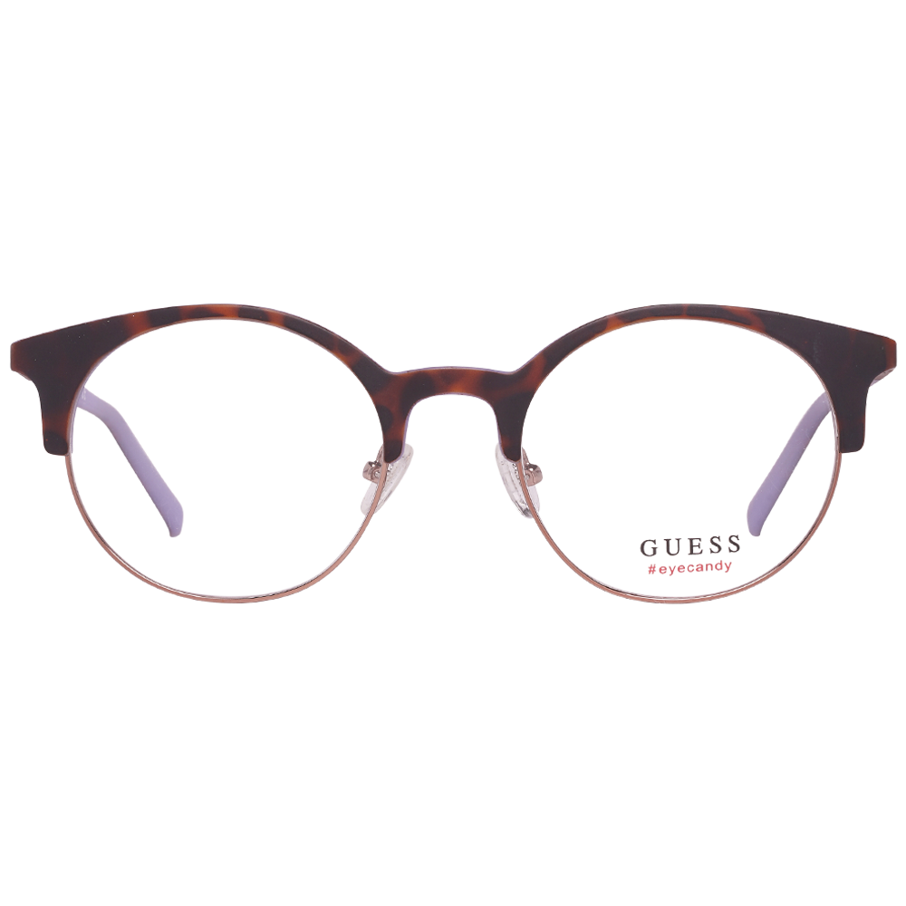 Tortoiseshell round eyeglasses with purple temples and metal lower rim, retro look for Women