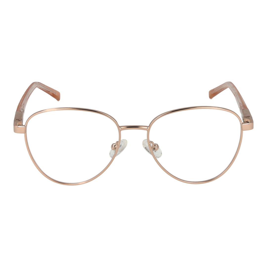Rose gold round metal eyeglasses with thin rims and transparent temple tips on white background