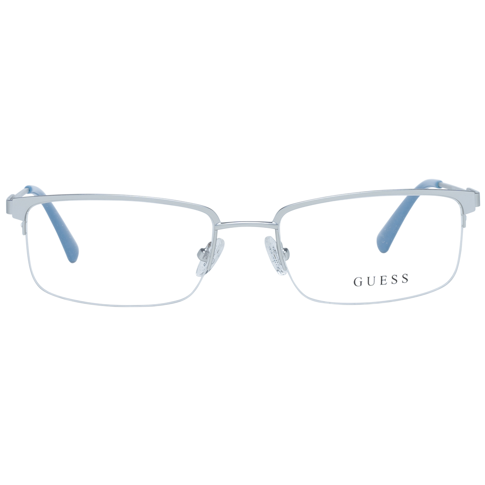 Unisex silver metal rectangular eyeglasses with thin frame and blue temple tips on white background