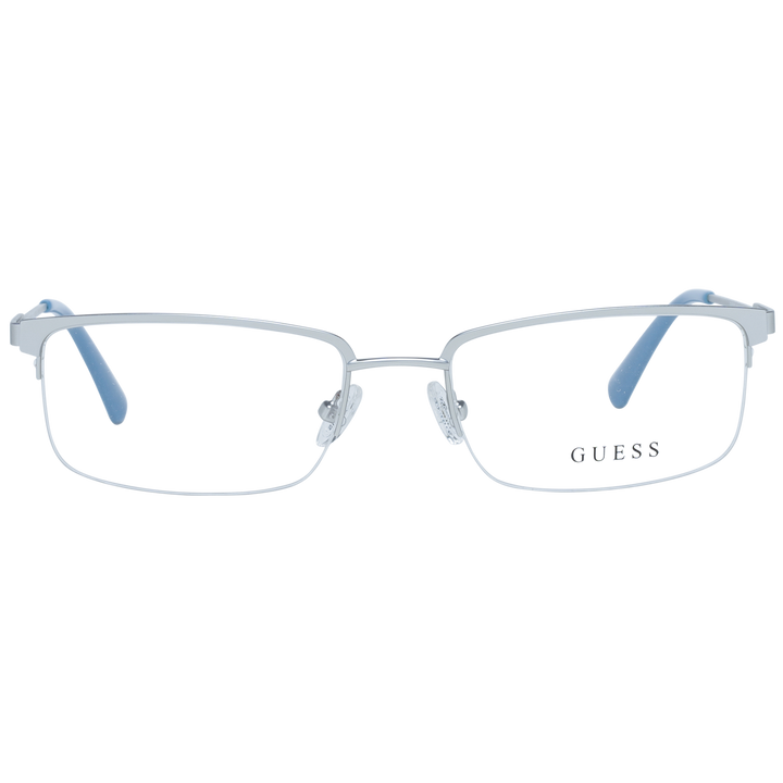 Unisex silver metal rectangular eyeglasses with thin frame and blue temple tips on white background