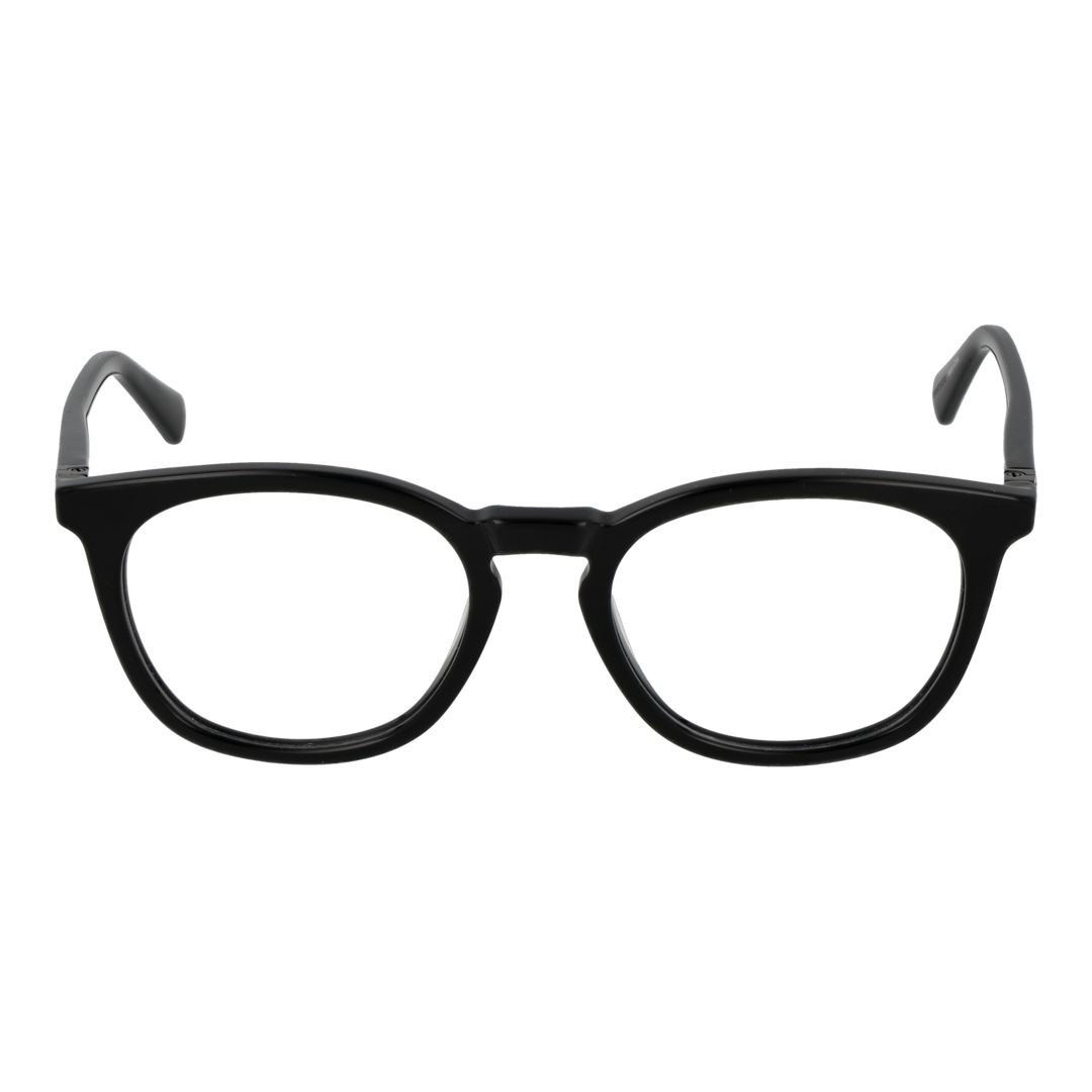 Unisex black full-rim rectangular eyeglasses in plastic with nose pads shown front-facing on neutral background