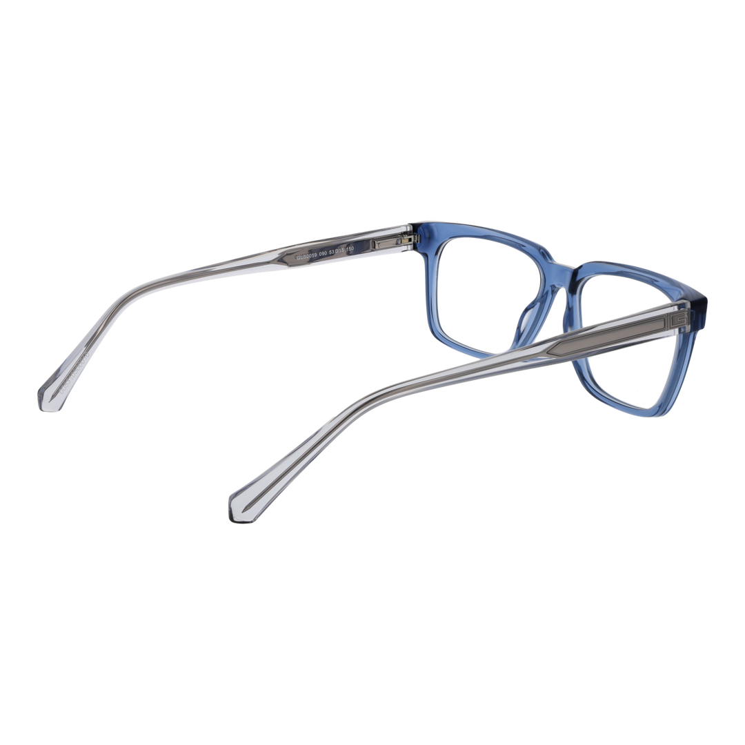 Unisex transparent blue-gray full-rim rectangular eyeglasses with decorative temple arms against neutral background
