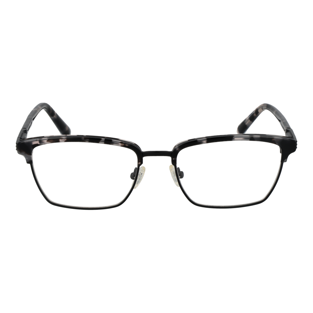 Unisex black and gray tortoiseshell rectangular eyeglasses with thin full-rim frame and patterned temples on white background