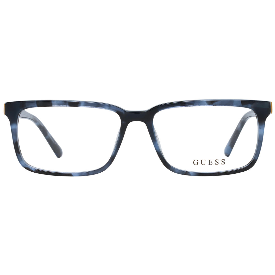 Unisex black and gray tortoiseshell full-rim rectangular eyeglasses with small yellow temple accent, logo on temple