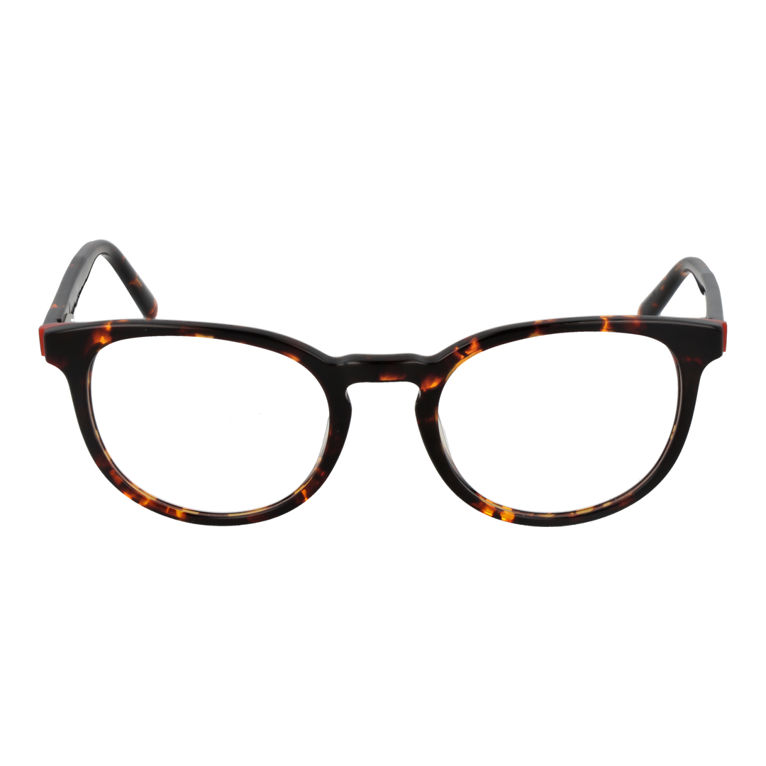 Unisex tortoise shell full-rim rectangular eyeglasses with gold logo on temples, brown and amber pattern