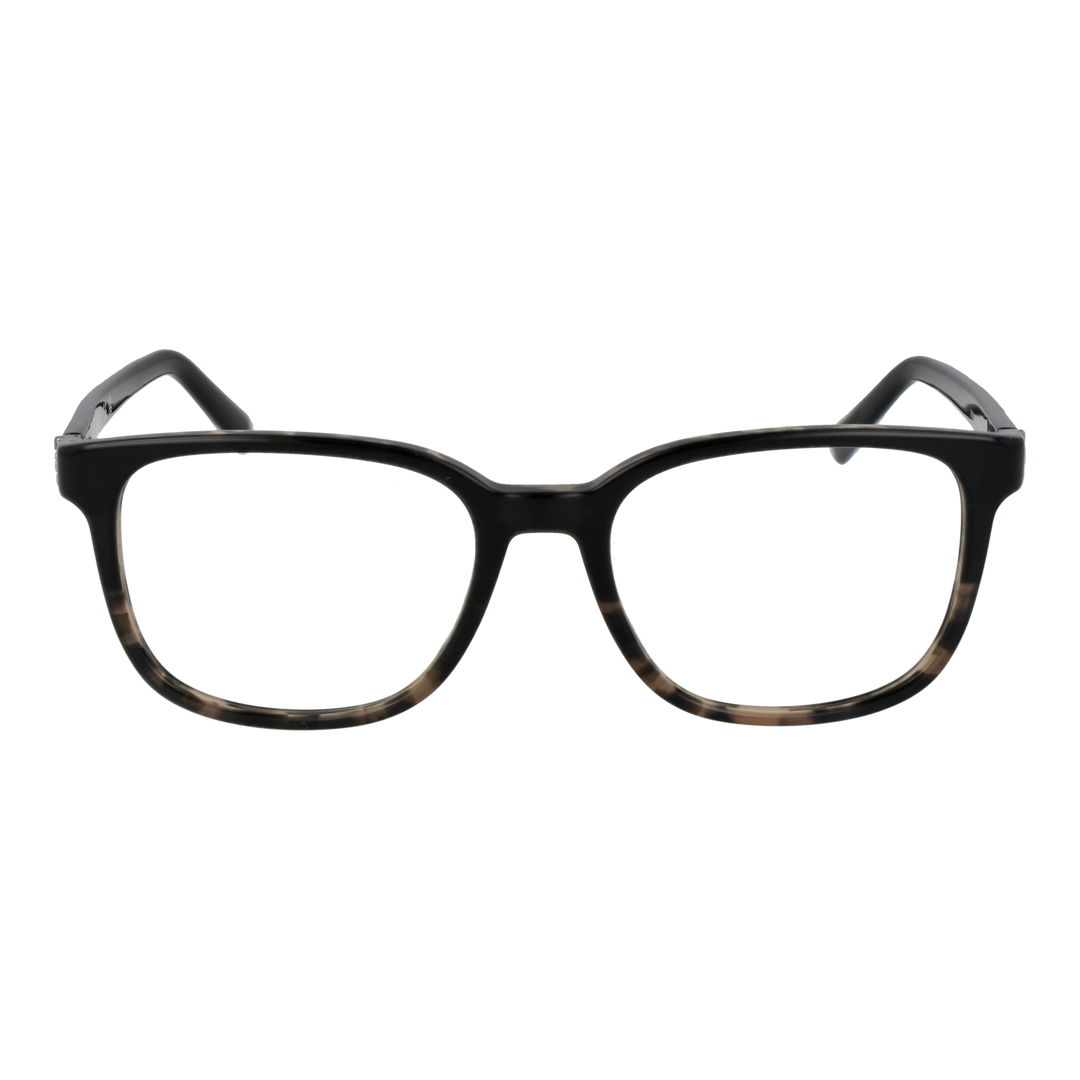 Unisex rectangular tortoiseshell full-rim plastic eyeglasses with visible brand logo on temple