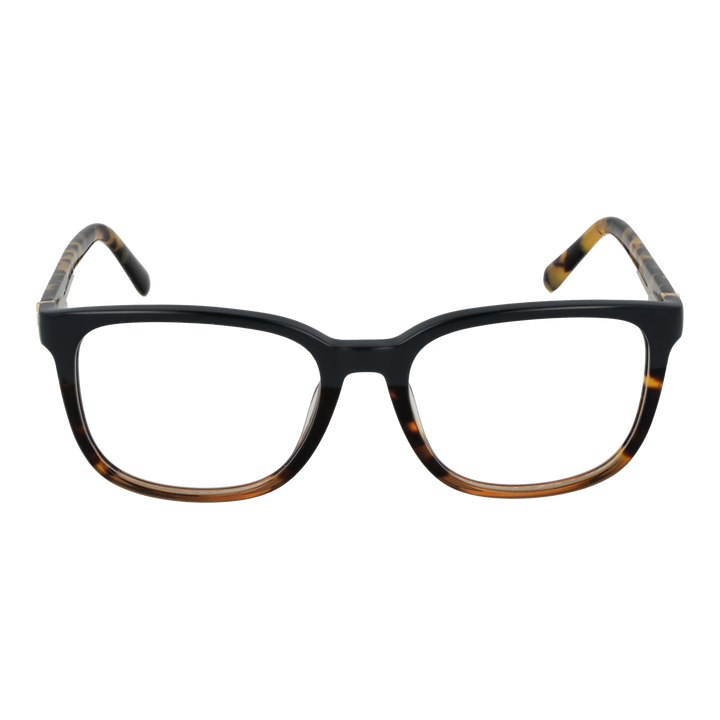 Black and tortoiseshell brown square eyeglasses in plastic with clear lenses and gold temple accents, front and side view.