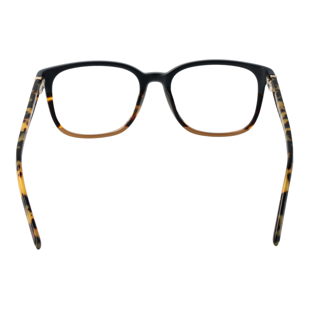 Black and tortoiseshell brown square eyeglasses in plastic with clear lenses and gold temple accents, front and side view.