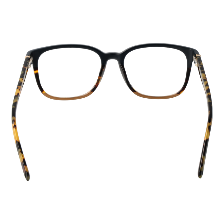 Black and tortoiseshell brown square eyeglasses in plastic with clear lenses and gold temple accents, front and side view.