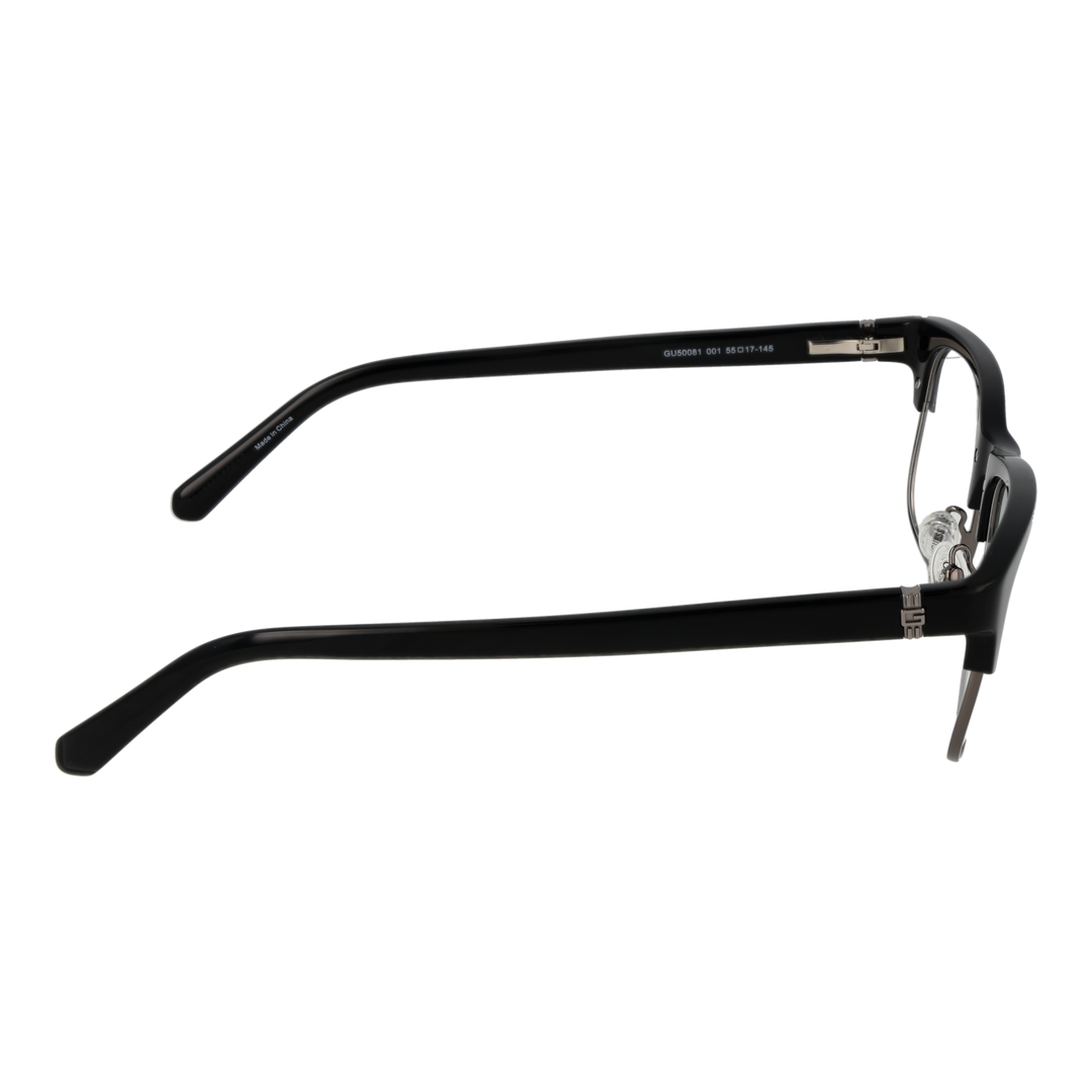 Black and silver semi-rimless eyeglasses with rectangular lenses, plastic upper frame and metal lower rim