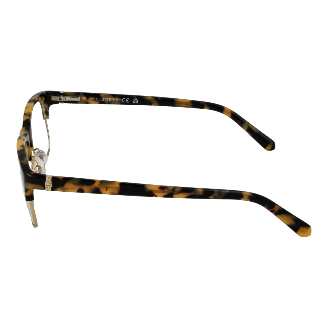 Unisex tortoise-pattern semi-rimless eyeglasses with plastic upper and metal lower rims, adjustable nose pads