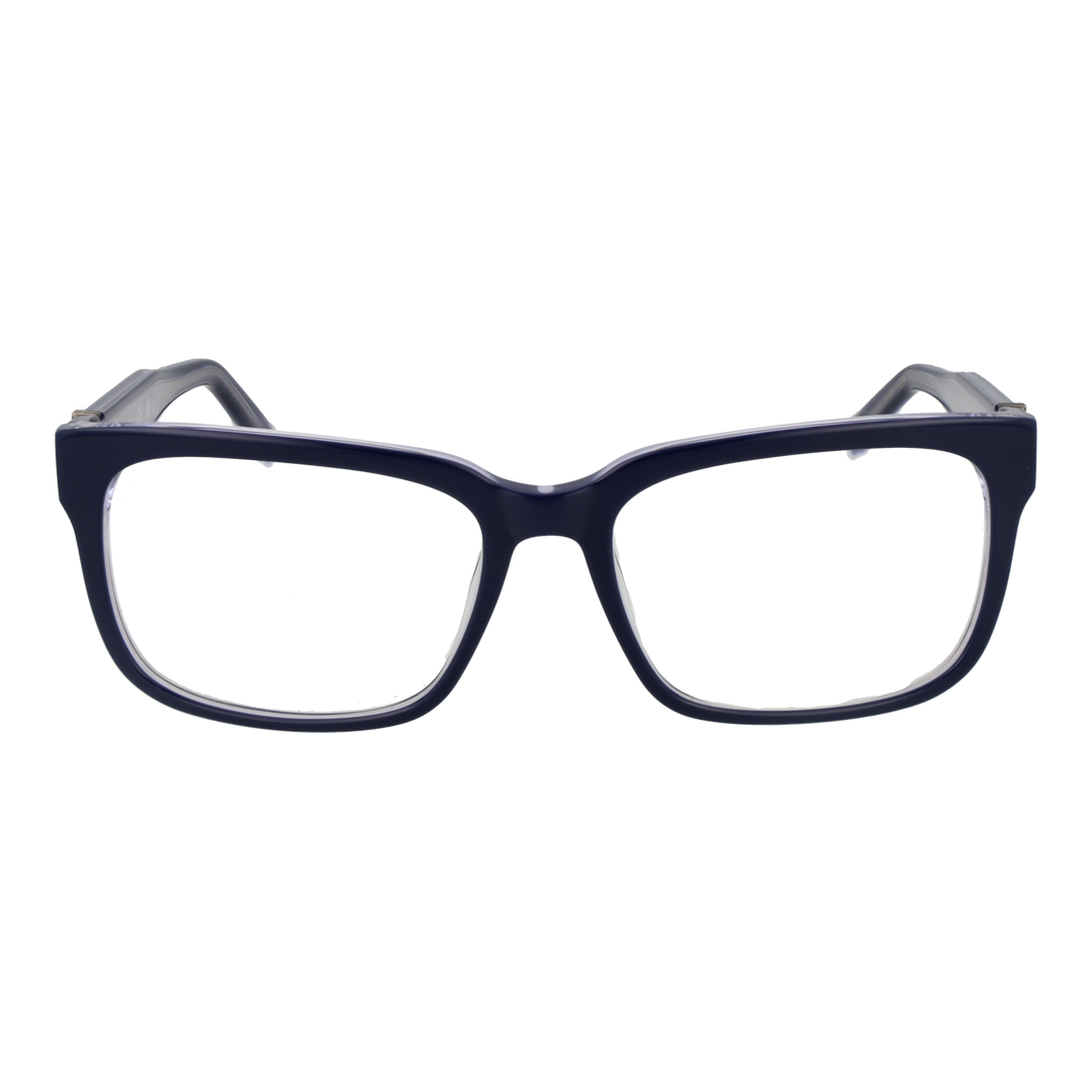 Dark blue full-rim rectangular eyeglasses in plastic with metal logo on temples, Unisex modern design