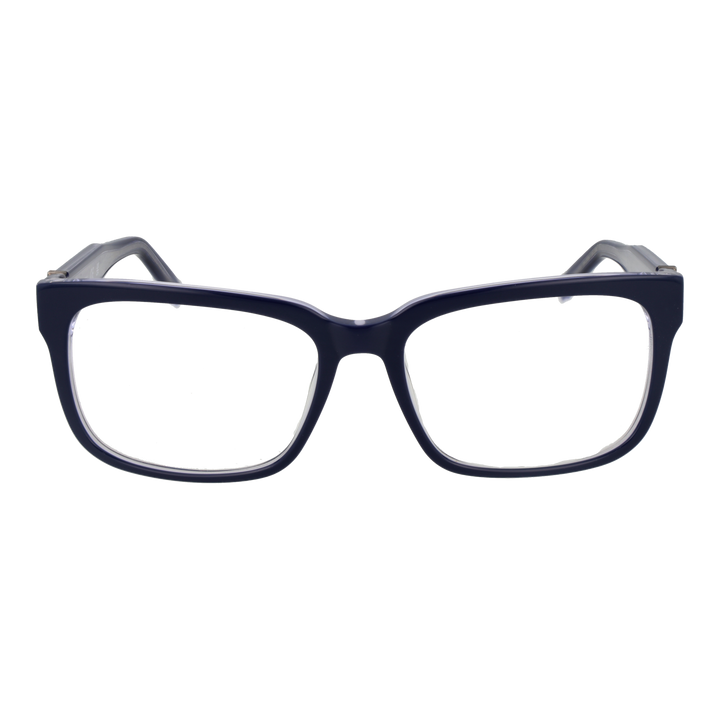 Dark blue full-rim rectangular eyeglasses in plastic with metal logo on temples, Unisex modern design