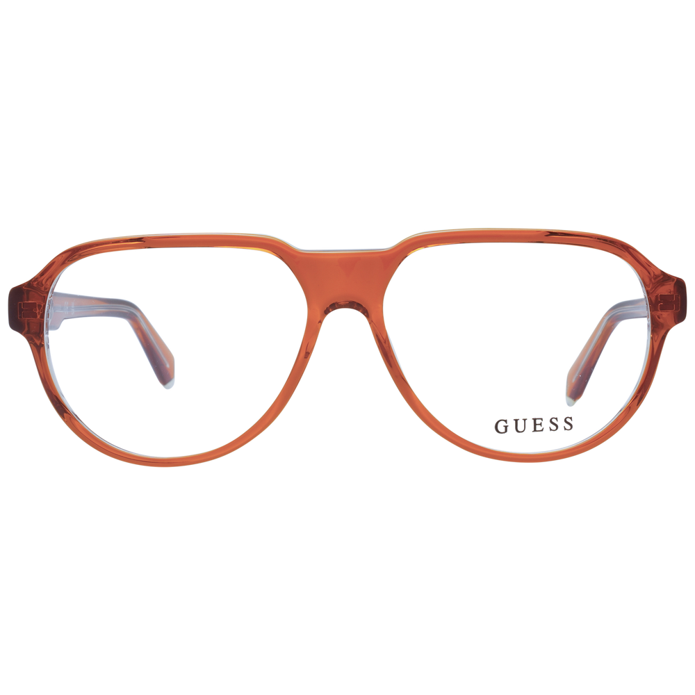 Transparent orange rectangular eyeglasses in plastic with gold 'G' logos on the temples, front and side view