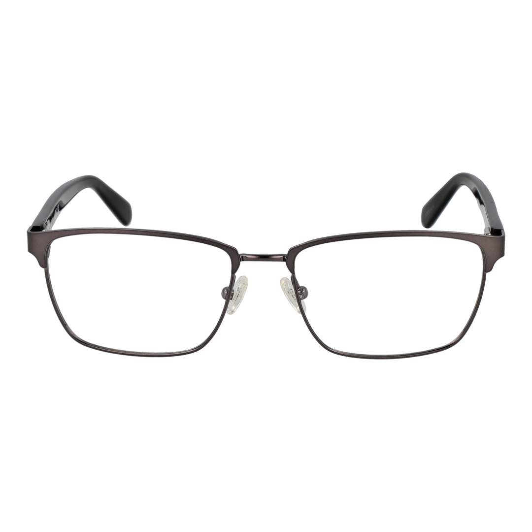 Unisex thin black metal rectangular eyeglasses with adjustable nose pads and dark gray plastic temple tips