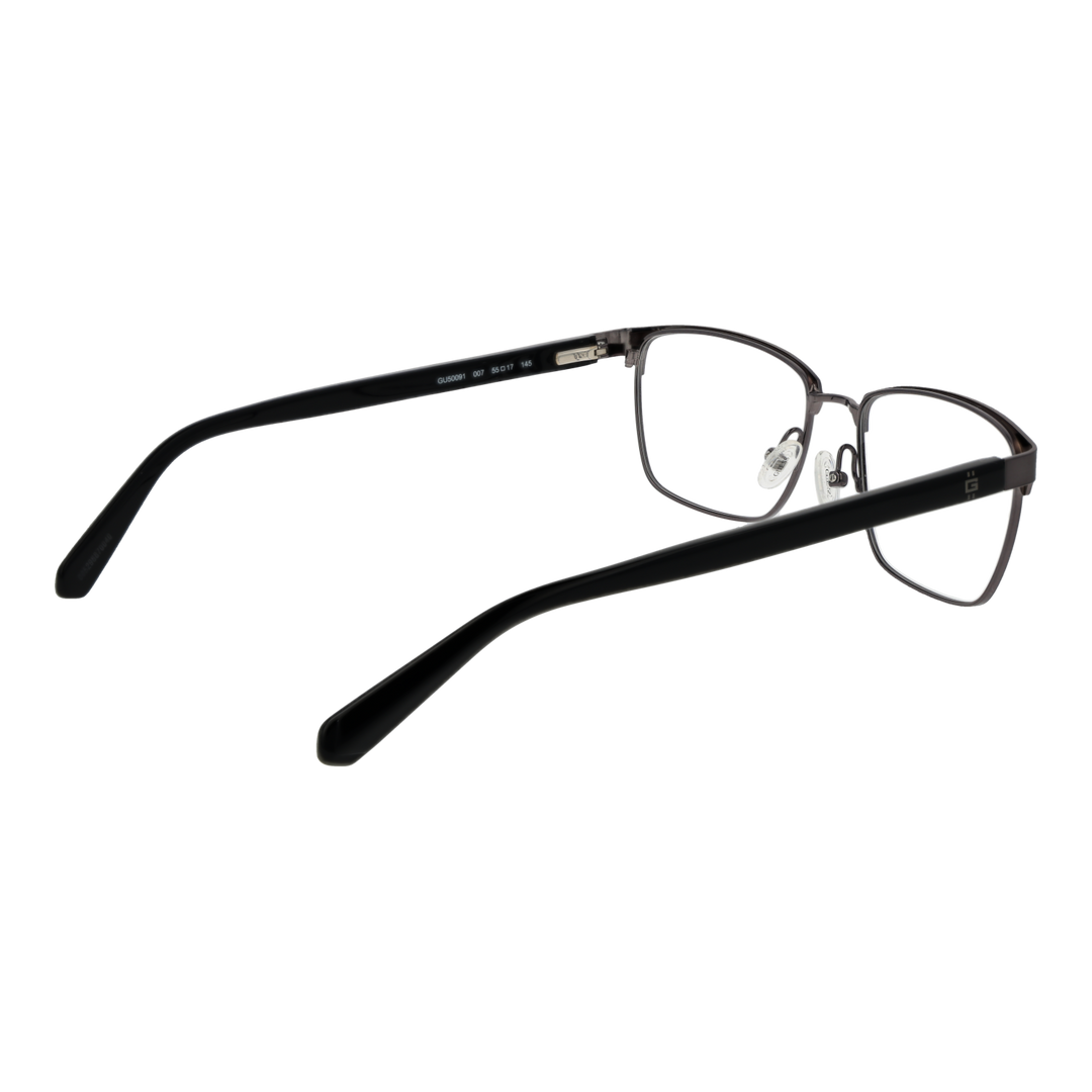 Unisex thin black metal rectangular eyeglasses with adjustable nose pads and dark gray plastic temple tips