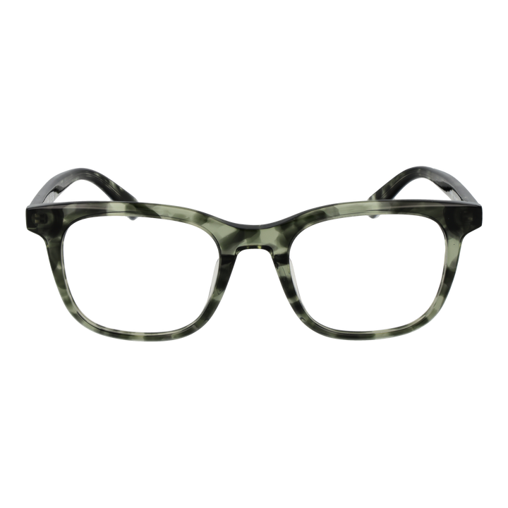 Unisex green and black tortoiseshell full-rim rectangular eyeglasses in plastic frame, modern design, front view