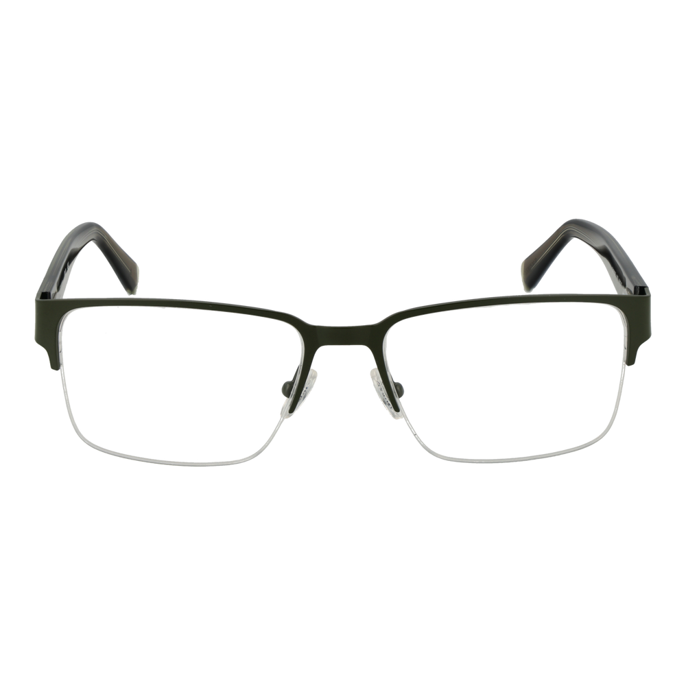 Unisex semi-rimless eyeglasses in green and brown metal and plastic with rectangular lenses and nose pads