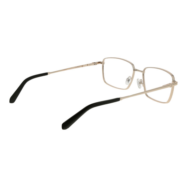 Unisex gold metal rectangular eyeglasses with thin frame, black temple tips, and adjustable nose pads