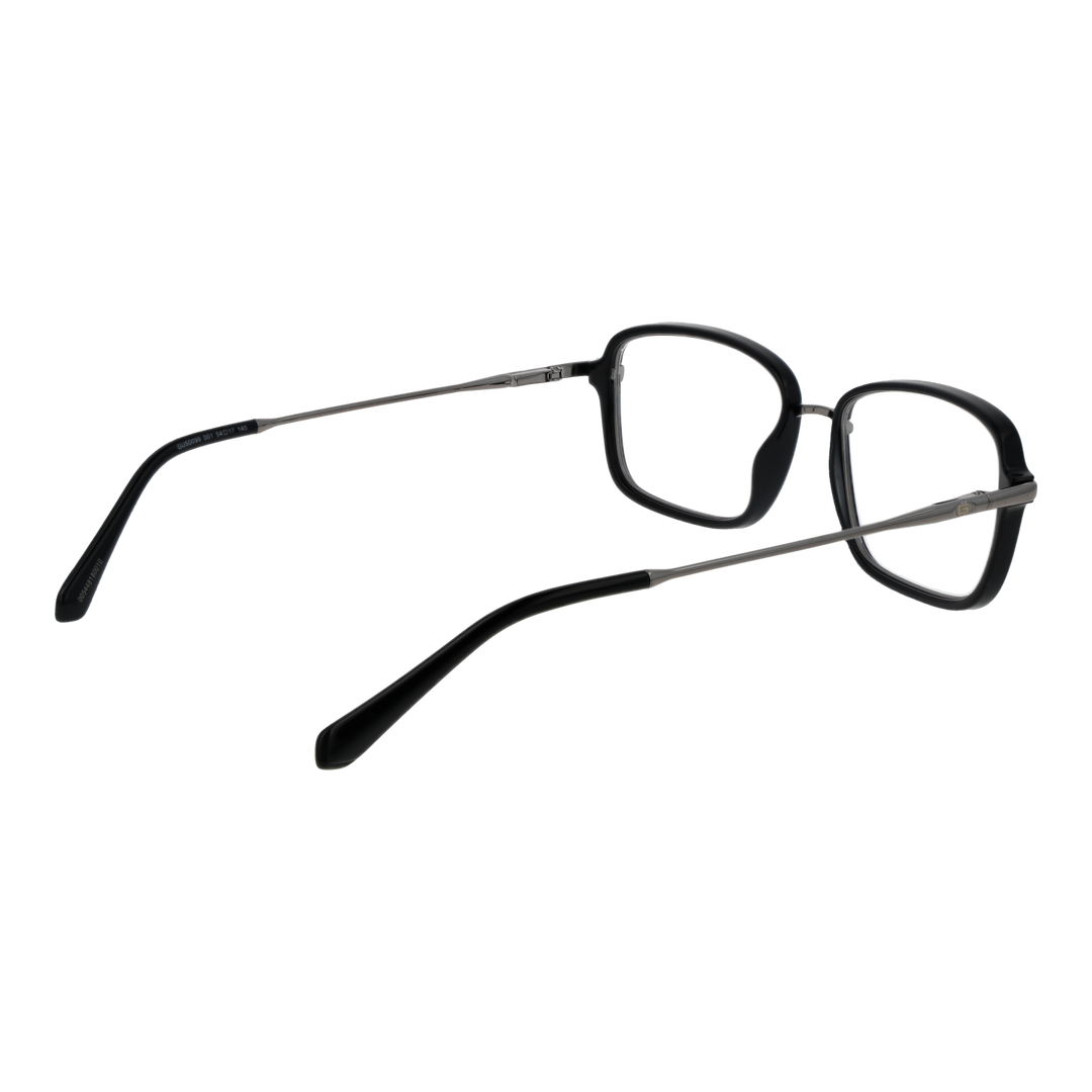 Unisex black and metallic gray rectangular eyeglasses with thin metal temples and plastic temple tips