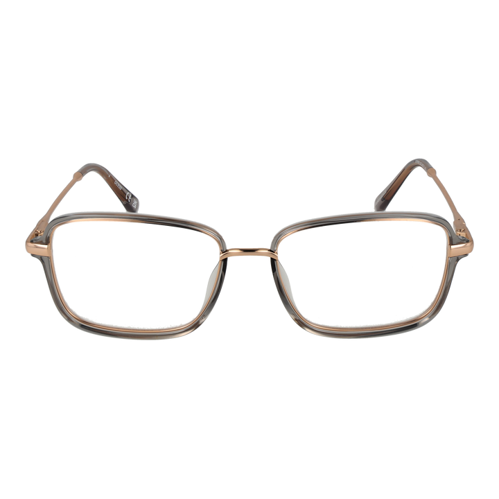 Transparent rectangular eyeglasses with clear front and thin gold metal temples on white background