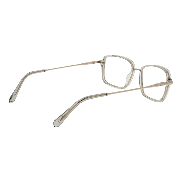 Unisex transparent beige rectangular eyeglasses with thin gold metal temples and plastic temple tips on white background