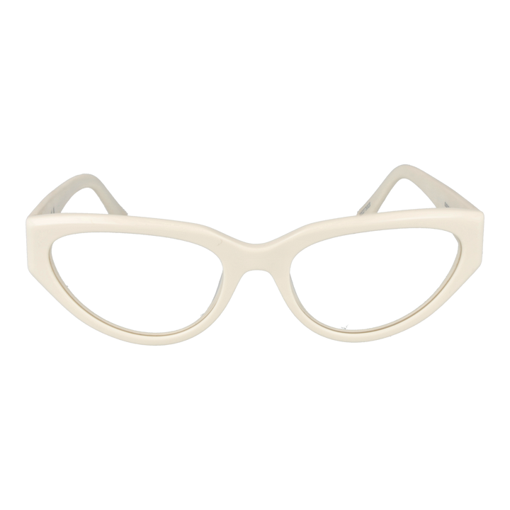 Off-white plastic cat-eye eyeglasses for Women with upswept frames and logo temples, shown three-quarter view.