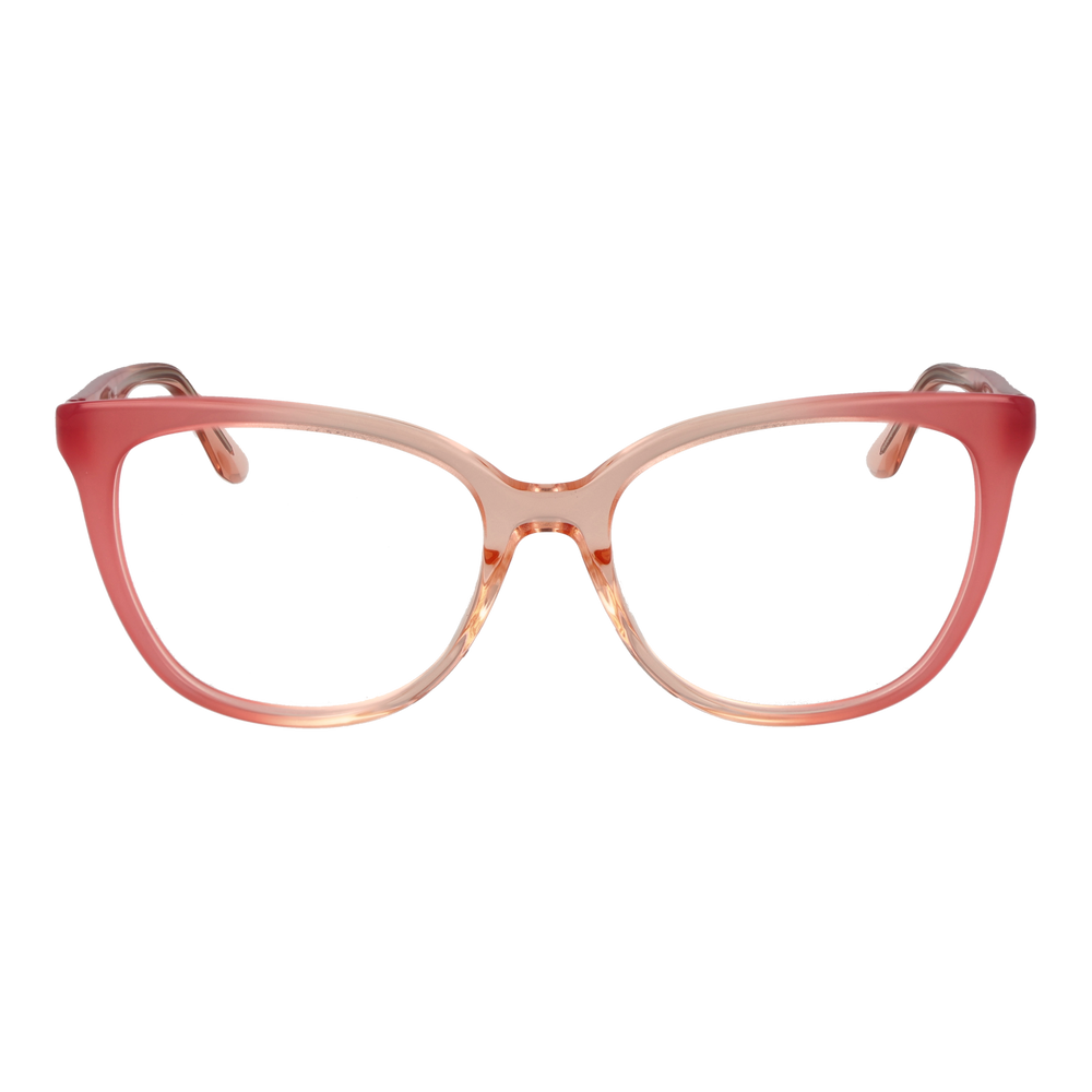 Pink gradient cat-eye eyeglasses in plastic with gold decorative temple symbols, shown three-quarter view