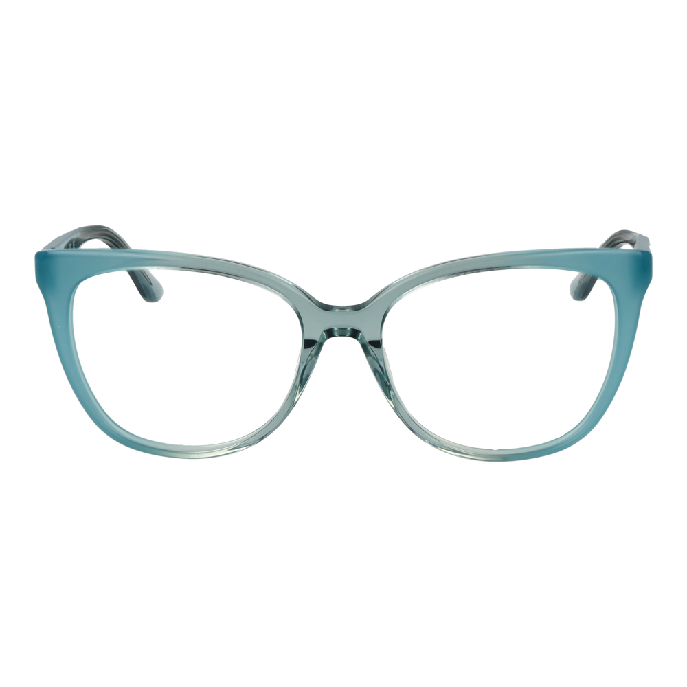 Blue plastic cat-eye eyeglasses with gold decorative symbols on temples, fashionable retro style for Women
