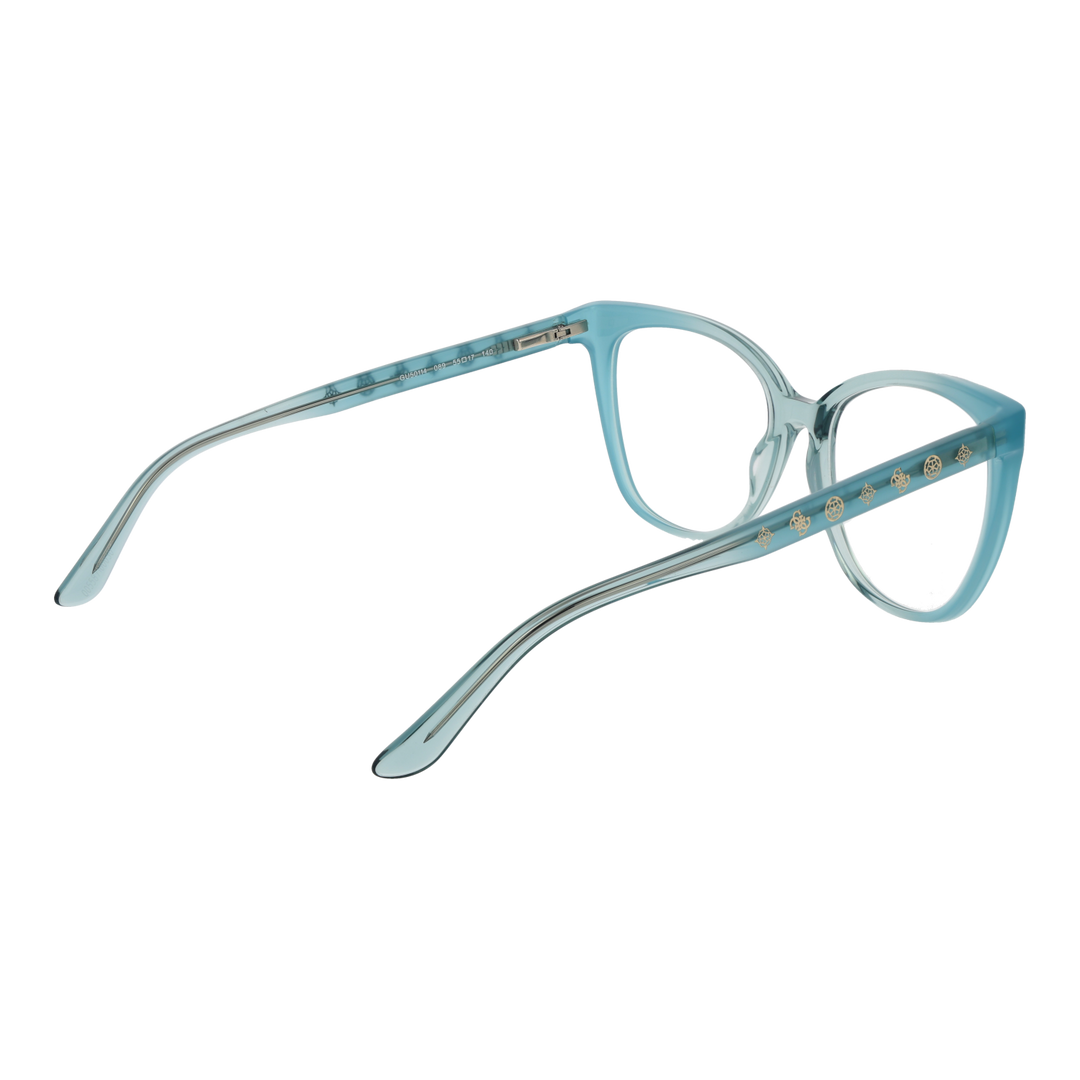 Blue plastic cat-eye eyeglasses with gold decorative symbols on temples, fashionable retro style for Women