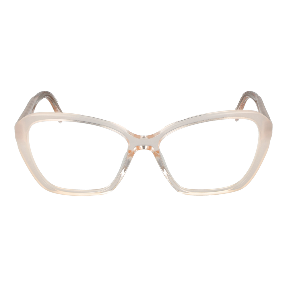 Translucent beige cat-eye eyeglasses in plastic with gold decorative symbols on temples