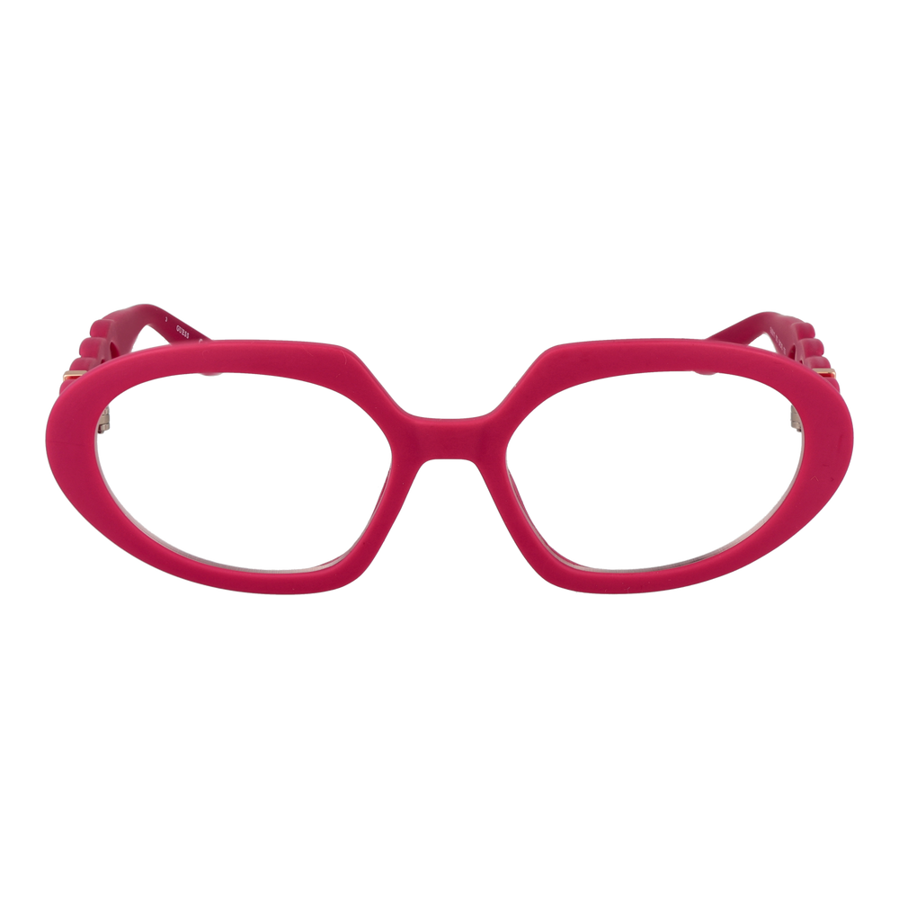 Pink plastic oval eyeglasses with chain-link temples and decorative metal rings on sides
