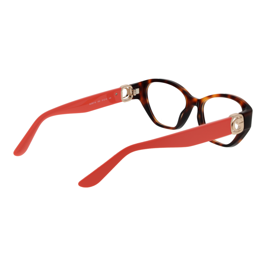 Tortoise shell brown and red cat-eye eyeglasses with gold emblem on temples, plastic frame for Women